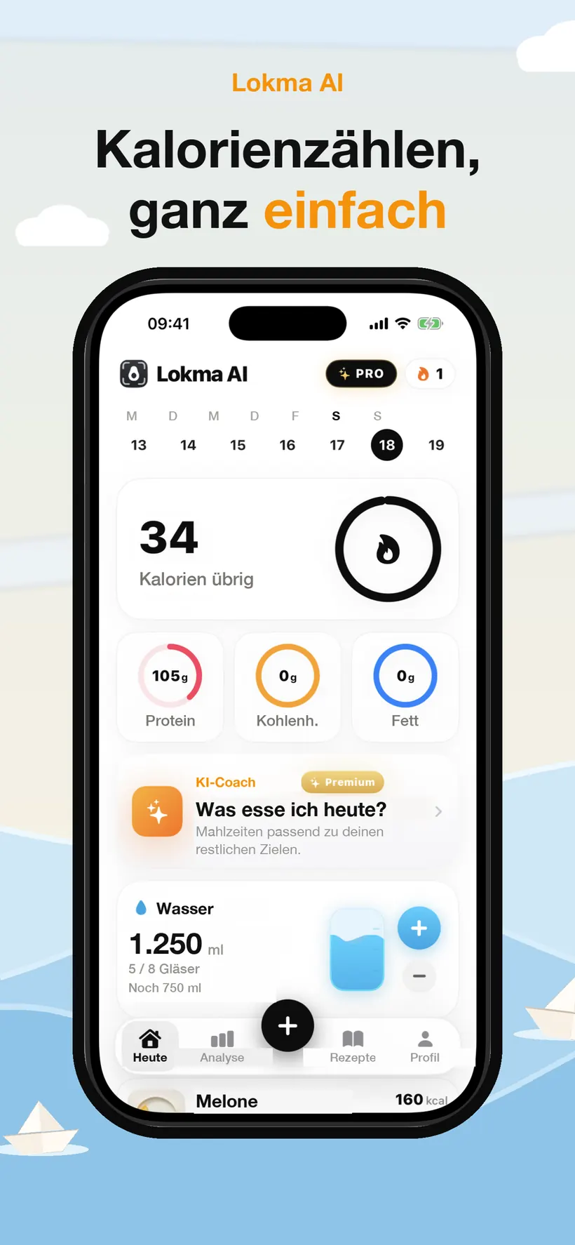 Der Heute-Screen von Lokma mit verbleibenden Kalorien, Makroringen für Protein, Kohlenhydrate und Fett, einer KI-Coach-Karte, Wasserverfolgung und einer erfassten Mahlzeit