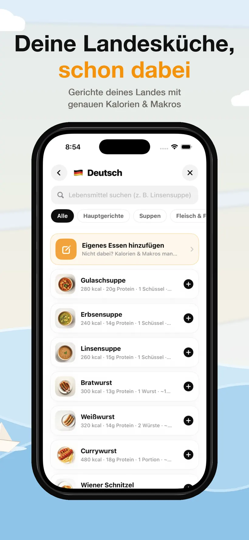 Eine Datenbank lokaler Küche in Lokma mit regionalen Gerichten samt Kalorien, Protein und Portionsgröße, nach Gang gefiltert