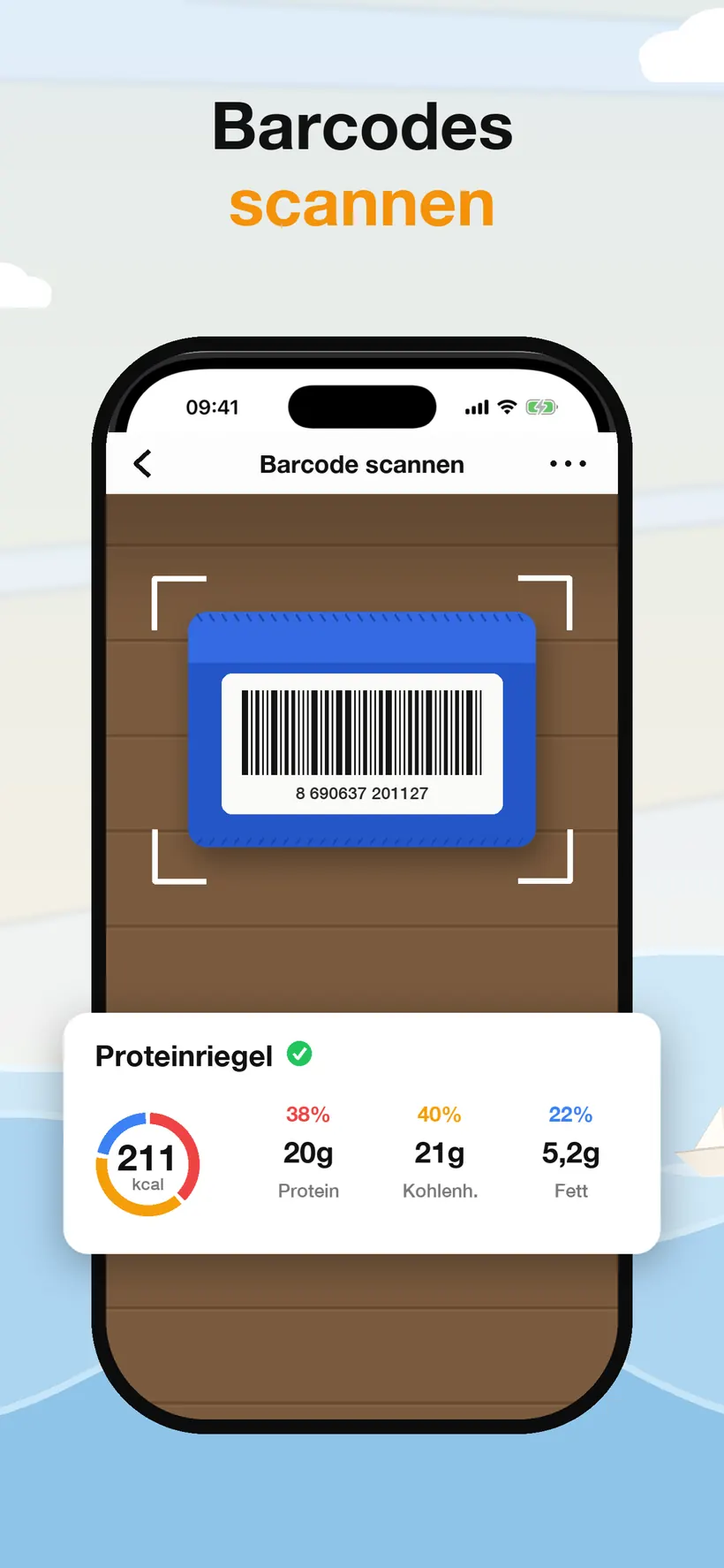 Der Barcode-Scanner von Lokma liest ein Produktetikett, daneben eine Ergebniskarte mit 211 kcal und der Aufteilung in Protein, Kohlenhydrate und Fett