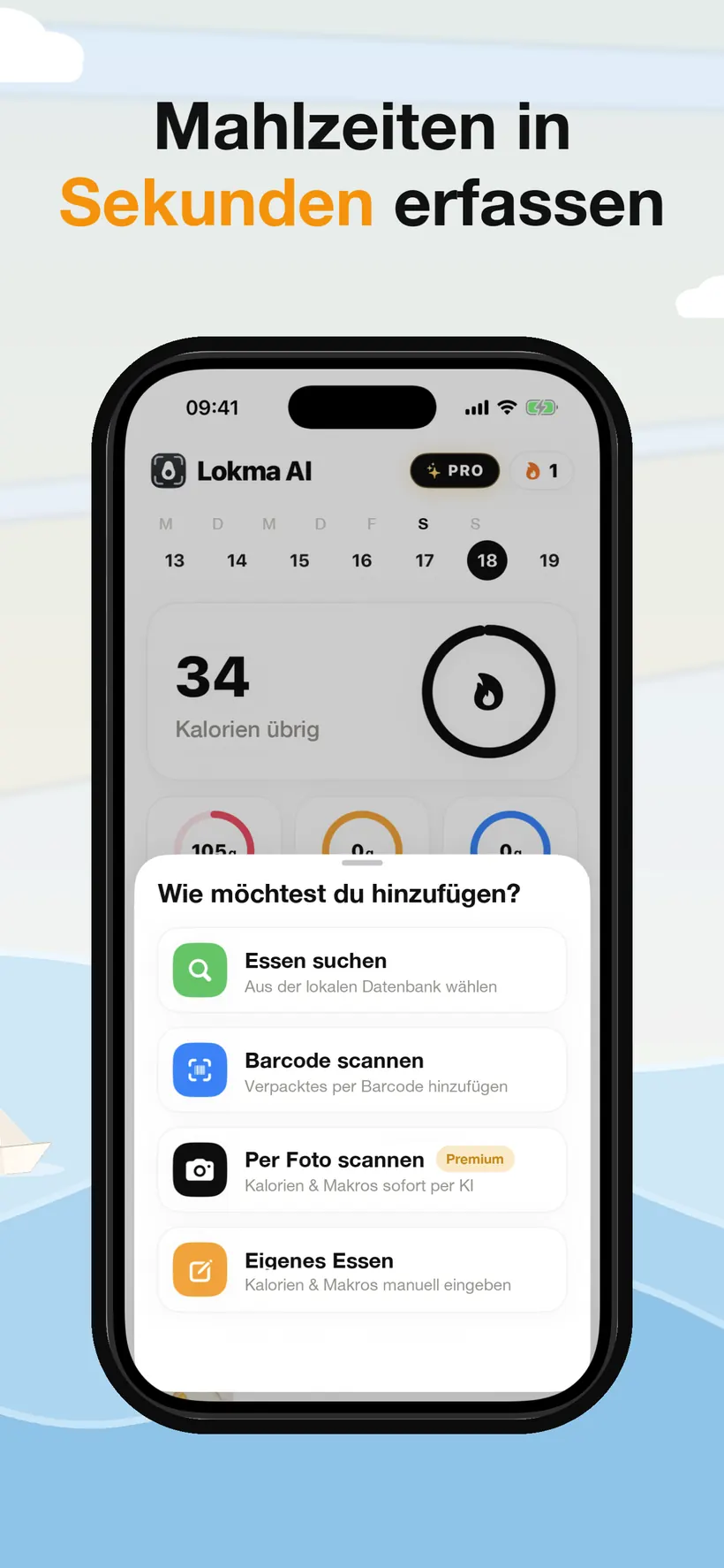 Ein Auswahlblatt in Lokma mit vier Erfassungsmethoden: Lebensmittel suchen, Barcode scannen, mit Foto scannen und eigenes Lebensmittel hinzufügen