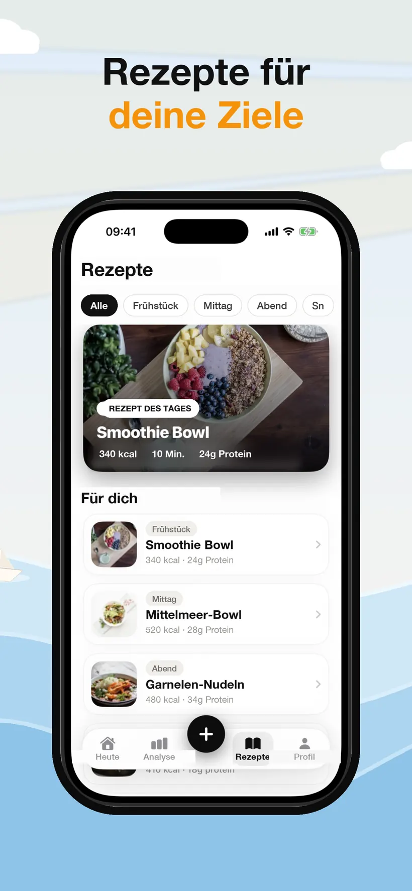 Der Rezepte-Tab von Lokma mit einem Rezept des Tages und vorgeschlagenen Mahlzeiten, nach Gang beschriftet und jeweils mit Kalorien, Protein und Zubereitungszeit