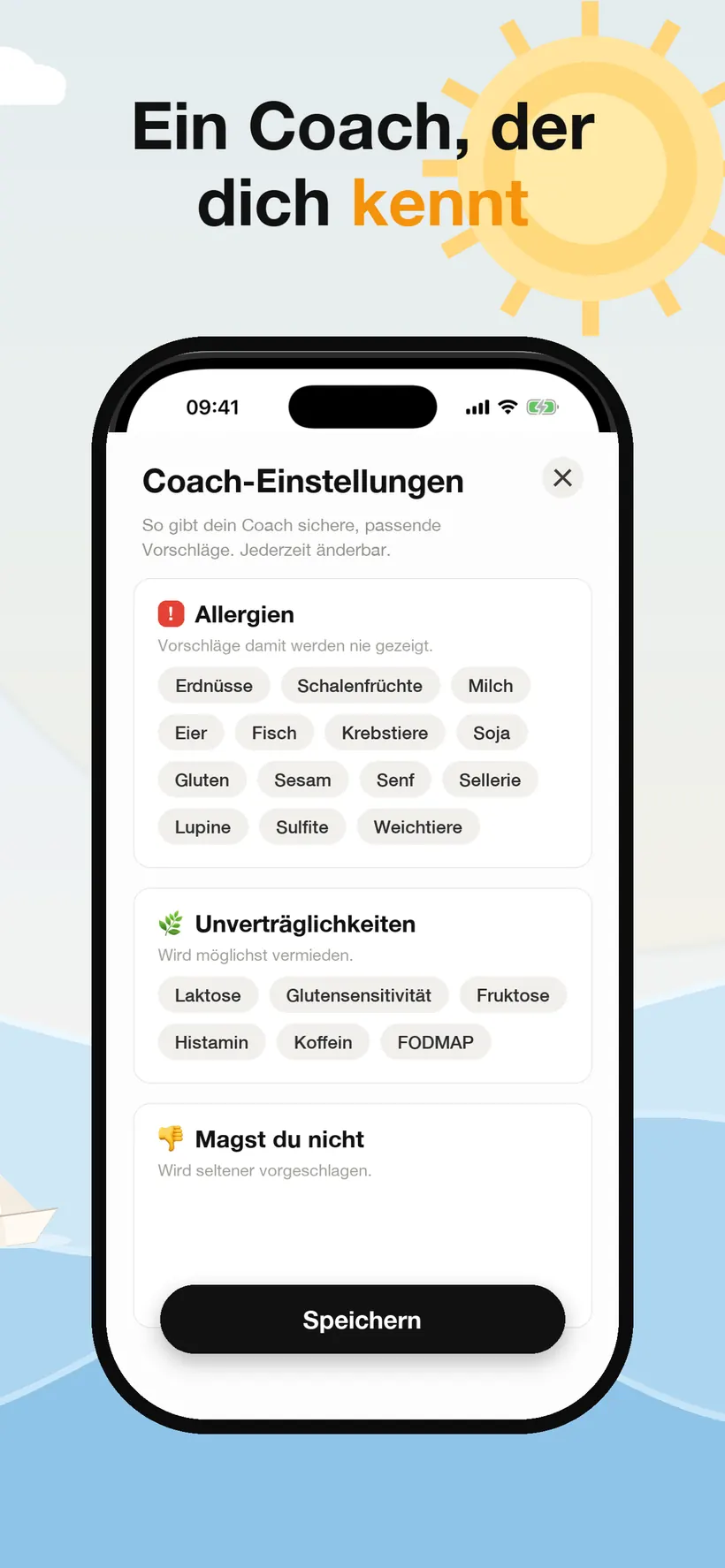 Der Screen für die Coach-Vorlieben in Lokma mit auswählbaren Allergenen, Unverträglichkeiten wie Laktose und FODMAP sowie einem Bereich für Abneigungen