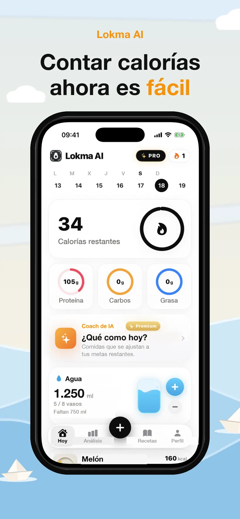 Pantalla Hoy de Lokma con las calorías restantes, anillos de macros de proteínas, carbohidratos y grasas, una tarjeta de entrenador con IA, seguimiento del agua y una comida registrada