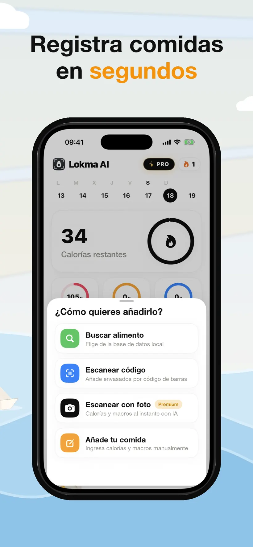 Un panel en Lokma con cuatro métodos de registro: buscar alimentos, escanear un código de barras, escanear con foto y añadir tu propio alimento