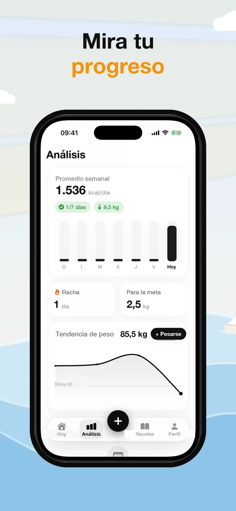 Pantalla de estadísticas de Lokma con la media de calorías de esta semana, un gráfico de barras de siete días, un contador de racha y una línea de tendencia de peso frente a un objetivo