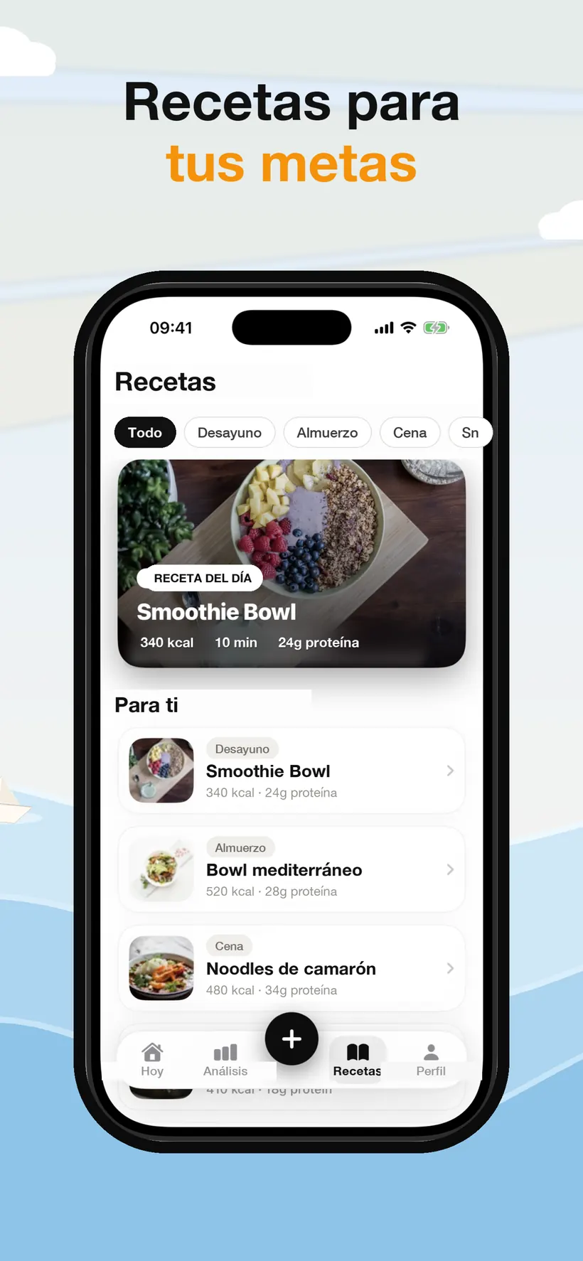 Pestaña de Recetas de Lokma con una receta del día y comidas sugeridas etiquetadas por tipo, cada una con calorías, proteínas y tiempo de preparación