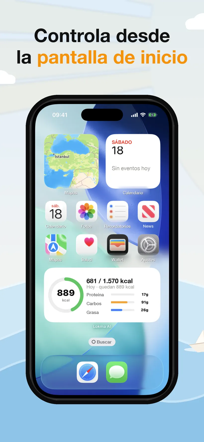 Una pantalla de inicio de iPhone con el widget de Lokma mostrando 681 de 1.570 kcal consumidas y barras de progreso de proteínas, carbohidratos y grasas