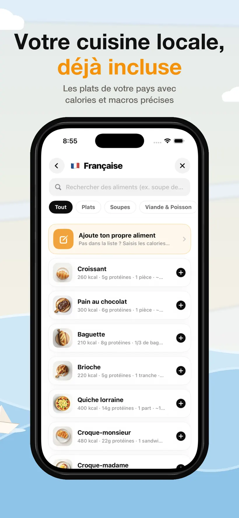 Une base de données de cuisine locale dans Lokma listant des plats régionaux avec calories, protéines et taille de portion, filtrés par catégorie