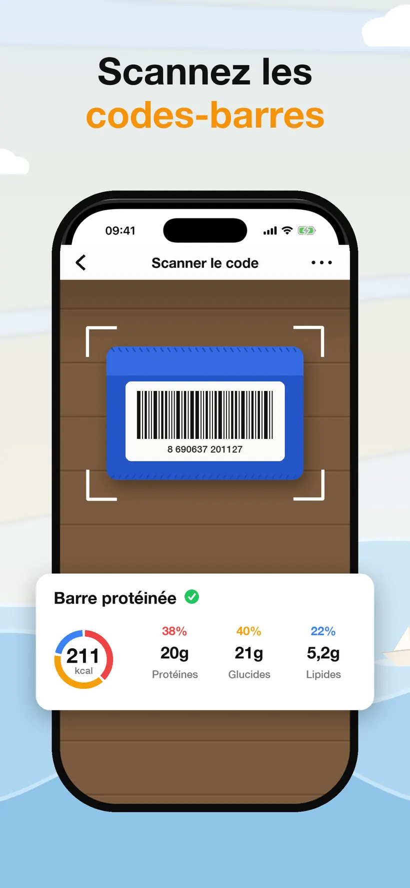 Le scanner de code-barres de Lokma lisant l'étiquette d'un produit, avec une carte de résultat affichant 211 kcal et la répartition en protéines, glucides et lipides