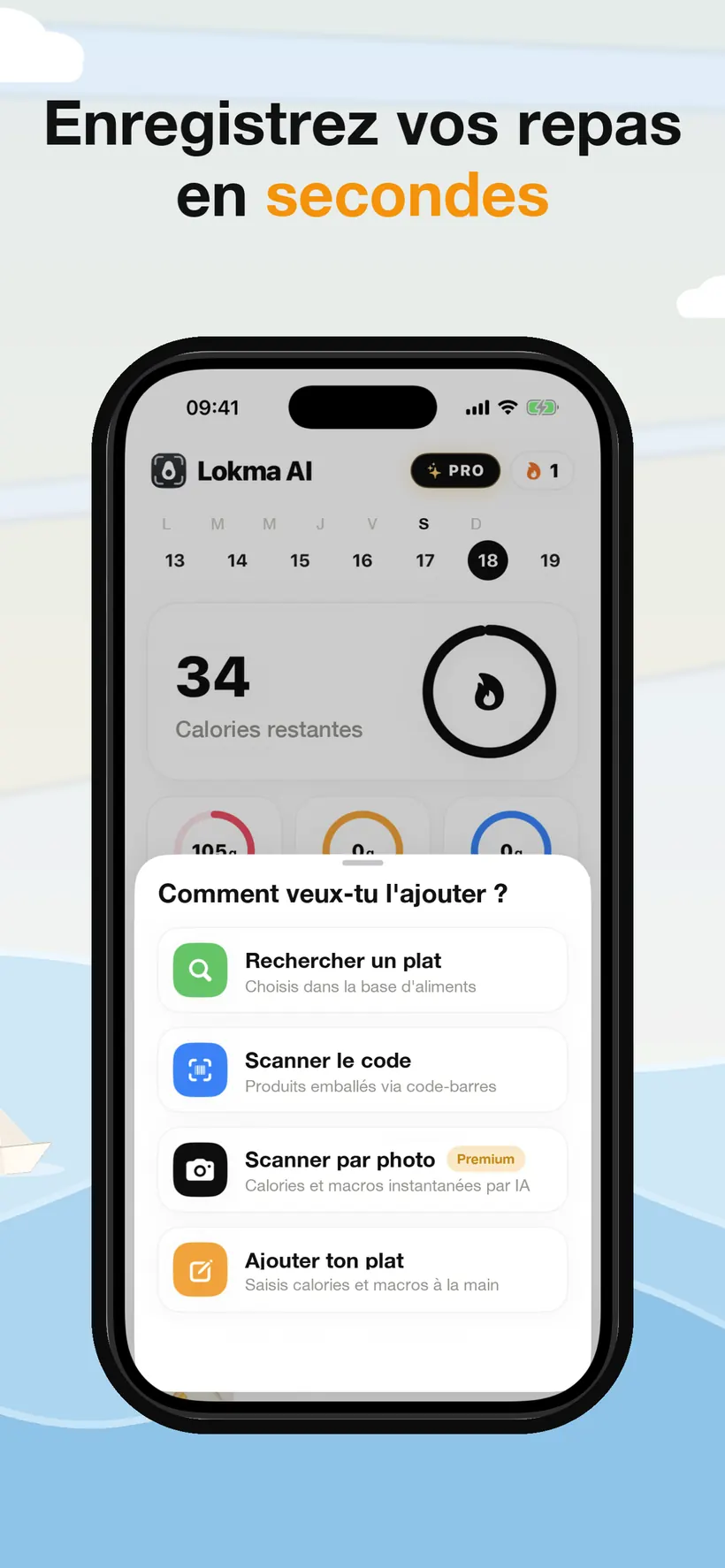 Une fiche dans Lokma proposant quatre méthodes d'enregistrement : rechercher un aliment, scanner un code-barres, scanner avec une photo et ajouter son propre aliment