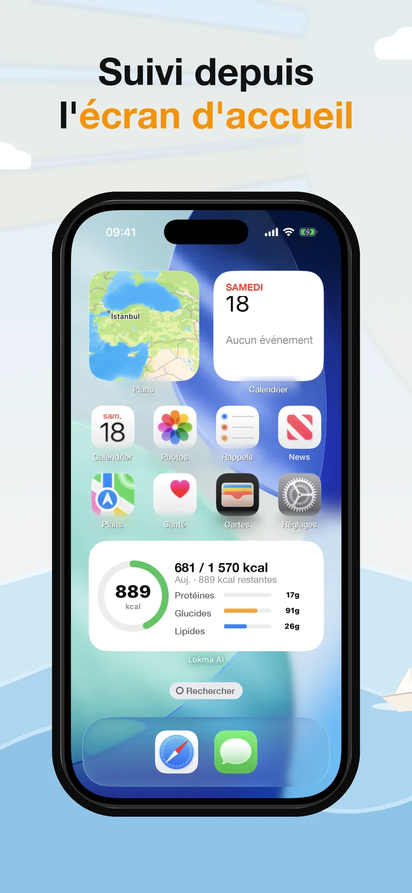 Un écran d'accueil d'iPhone avec le widget Lokma affichant 681 kcal utilisées sur 1 570 et des barres de progression pour les protéines, glucides et lipides