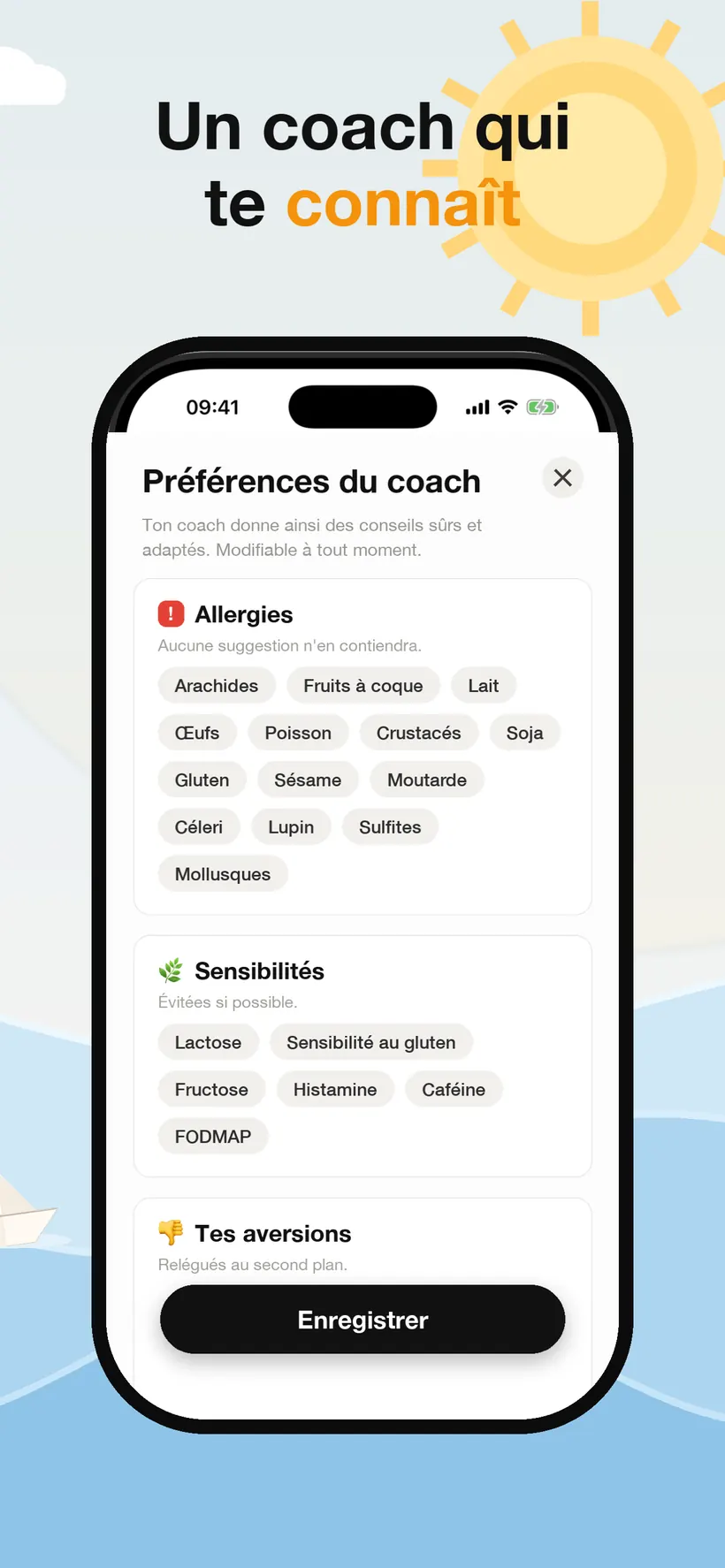 L'écran des préférences du coach de Lokma avec des allergènes sélectionnables, des sensibilités comme le lactose et les FODMAP, et une section pour les aliments que l'on n'aime pas
