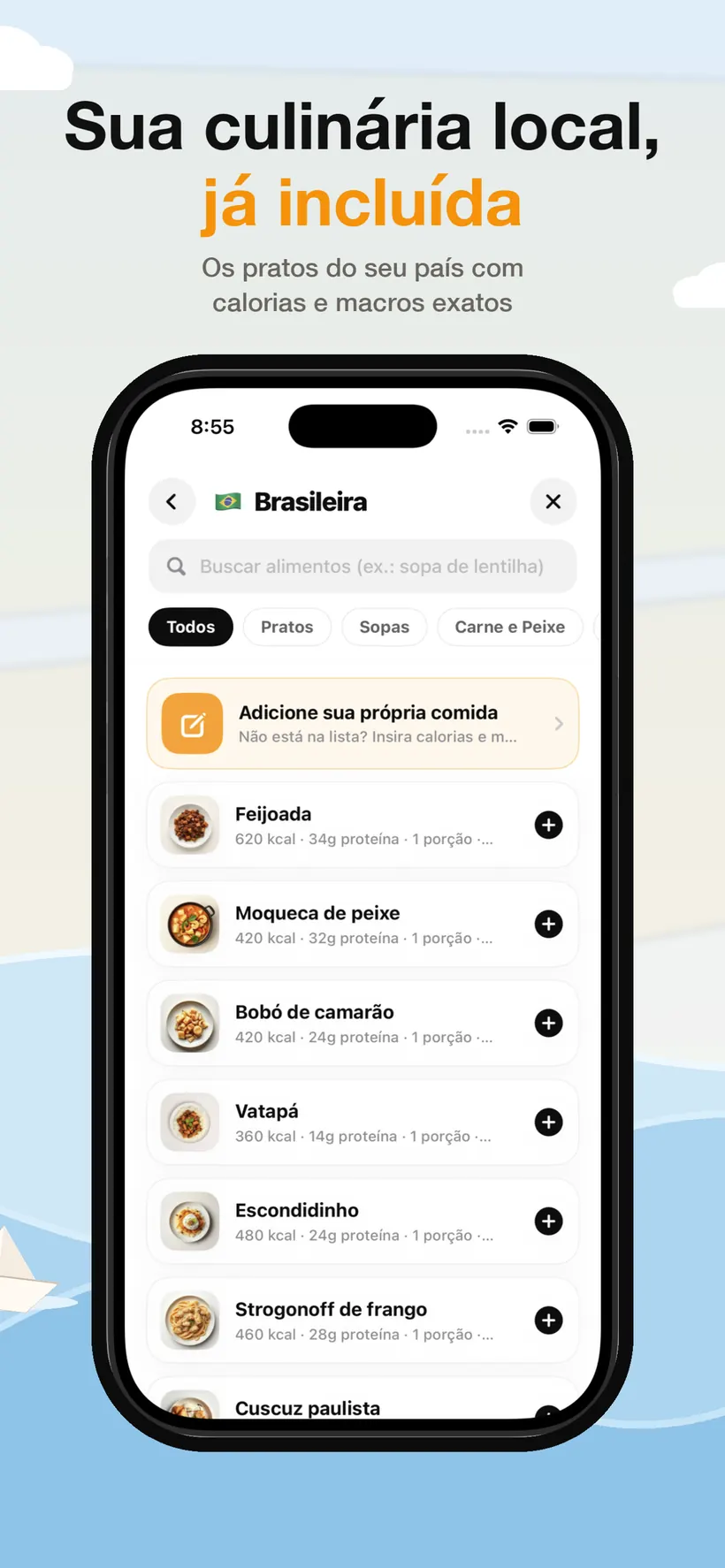 Uma base de dados de cozinha local no Lokma a listar pratos regionais com calorias, proteína e dose, filtrada por tipo de prato