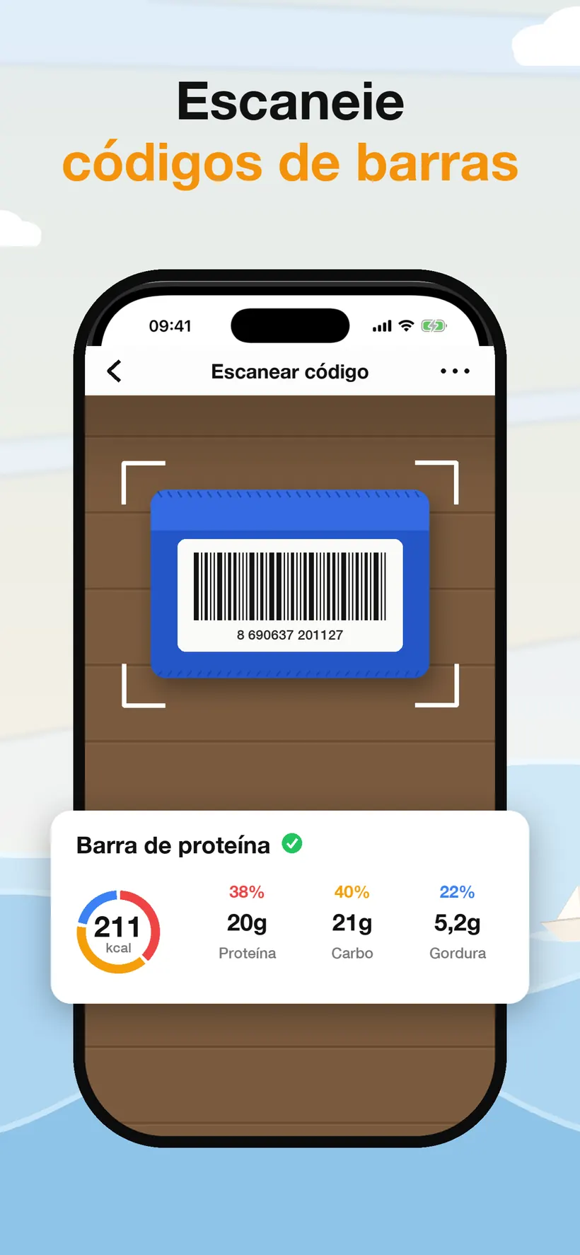 O leitor de códigos de barras do Lokma a ler o rótulo de um produto, com um cartão de resultado a mostrar 211 kcal e a repartição de proteína, hidratos e gordura