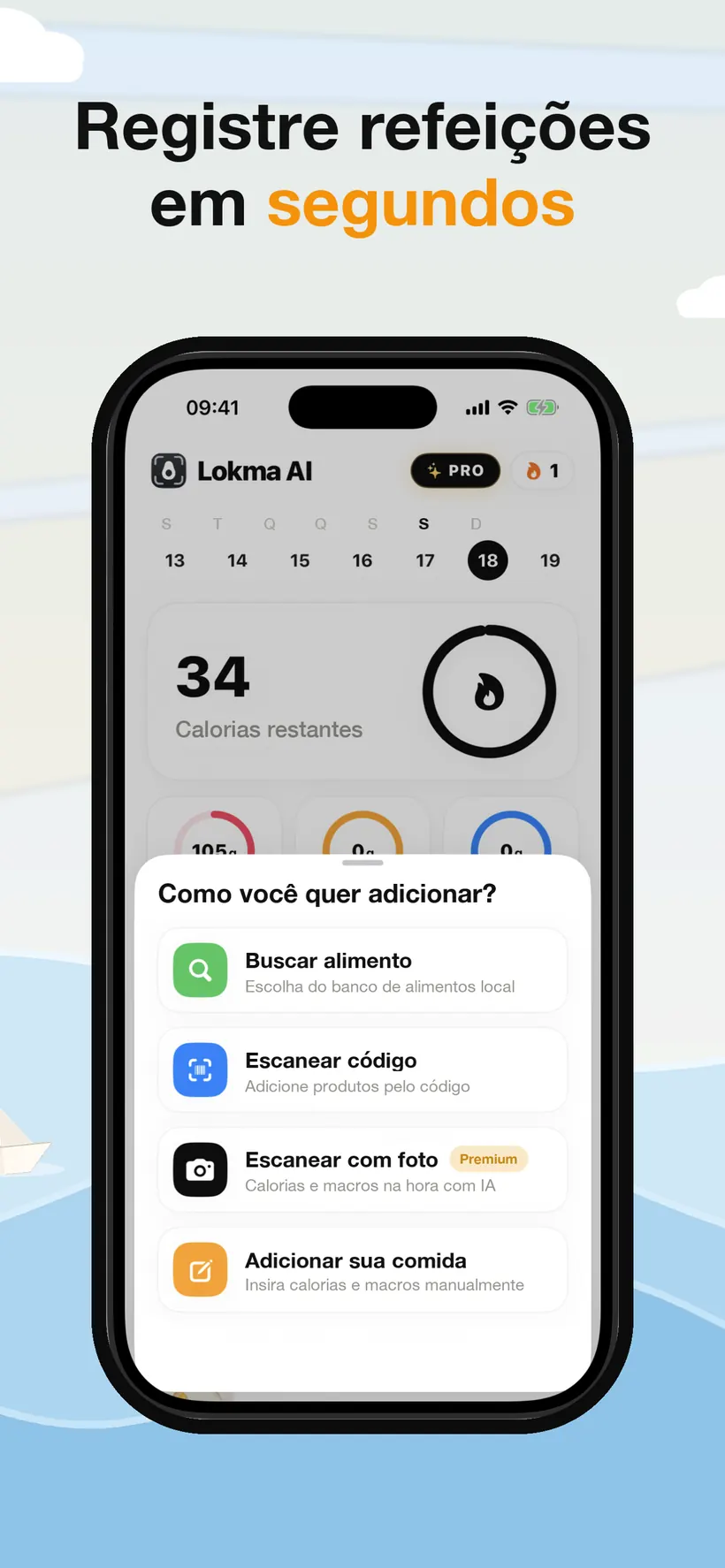 Um painel no Lokma com quatro métodos de registo: procurar alimentos, ler código de barras, digitalizar com fotografia e adicionar o teu próprio alimento