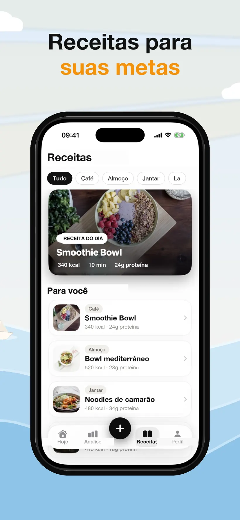 O separador Receitas do Lokma com uma receita do dia e refeições sugeridas identificadas por tipo, cada uma com calorias, proteína e tempo de preparação