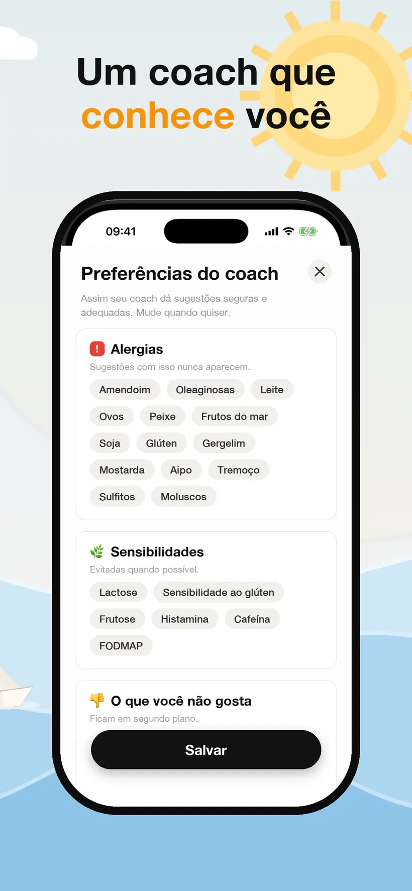 O ecrã de preferências do treinador do Lokma com alergénios selecionáveis, sensibilidades como lactose e FODMAP e uma secção para alimentos indesejados
