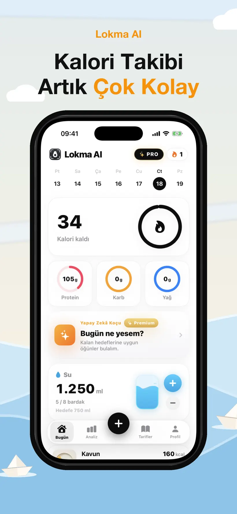Lokma'nın Bugün ekranı: kalan kalori, protein, karbonhidrat ve yağ halkaları, yapay zekâ koç kartı, su takibi ve kaydedilmiş bir öğün