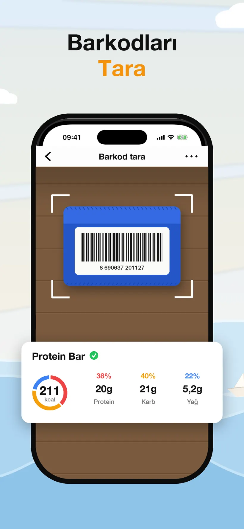Lokma'nın barkod tarayıcısı bir ürün etiketini okurken, 211 kcal ile protein, karbonhidrat ve yağ dökümünü gösteren sonuç kartı