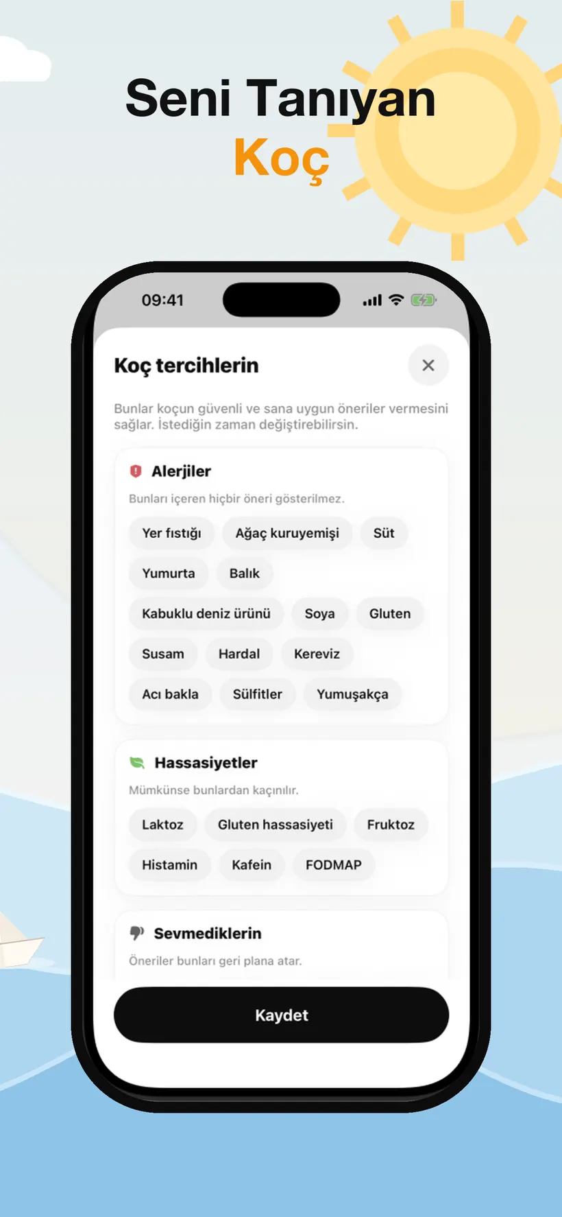 Lokma'nın koç tercihleri ekranı: seçilebilir alerjenler, laktoz ve FODMAP gibi hassasiyetler ve sevmedikleriniz bölümü