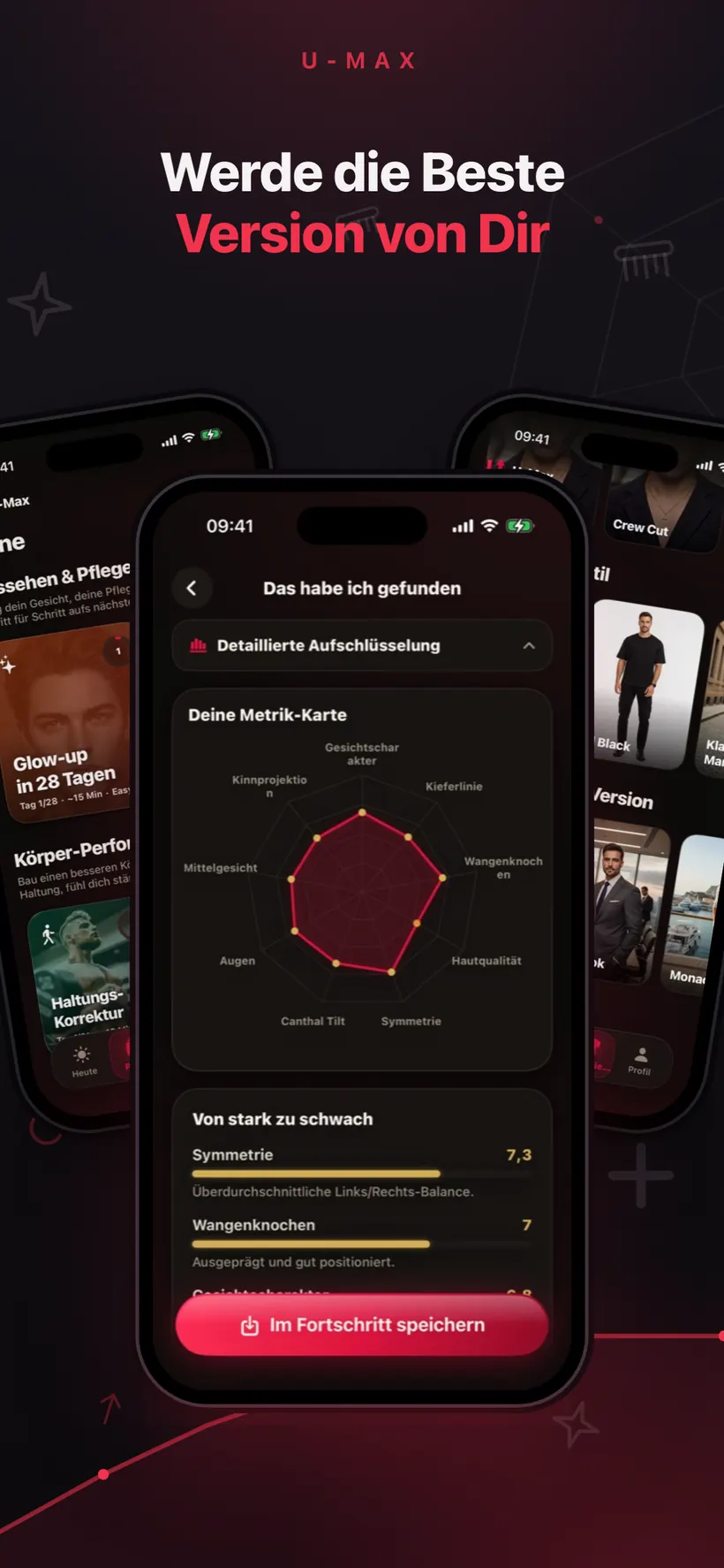 Drei Umax-AI-Screens nebeneinander — eine Karte der Gesichtsmetriken, ein Tagesplan und eine Galerie mit KI-Stilanproben