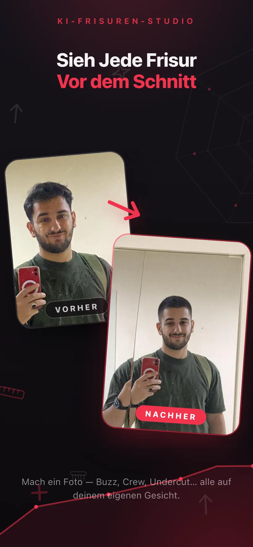 Ein Vorher-Nachher-Paar in Umax AI: ein Spiegelselfie und dieselbe Person mit einem KI-generierten kürzeren Haarschnitt