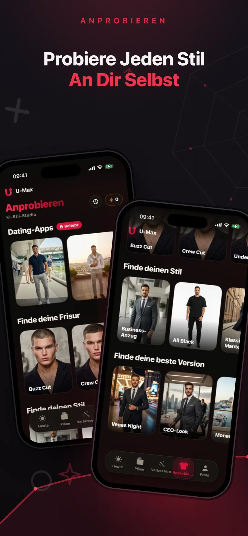 Der Try-On-Tab von Umax AI mit Frisuren- und Outfit-Kategorien wie Business Suit, All Black und CEO Look
