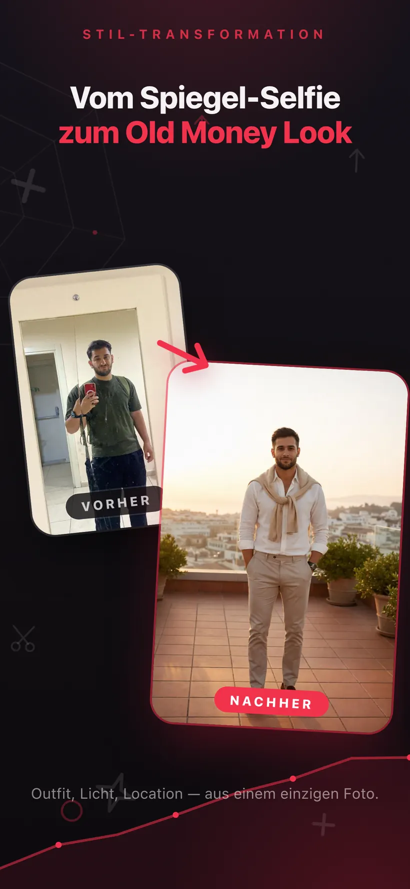 Eine Stilverwandlung in Umax AI: ein schlichtes Spiegelselfie neben einer KI-generierten Version in Smart-Casual-Kleidung auf einer Terrasse