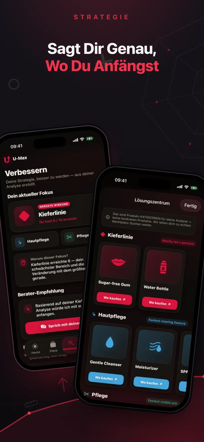 Der Verbessern-Screen von Umax AI nennt die Kieferlinie als aktuellen Fokus, daneben ein Lösungszentrum mit Produktkategorien für Kieferlinie, Hautpflege und Pflege