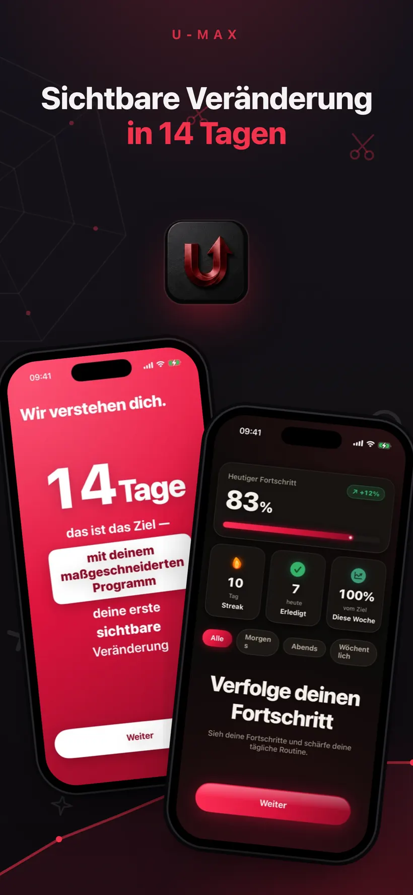 Das Onboarding von Umax AI verspricht eine erste sichtbare Veränderung in 14 Tagen, daneben ein Fortschritts-Screen mit 83 % Abschluss, einer Serie von 10 Tagen und Wochenstatistiken