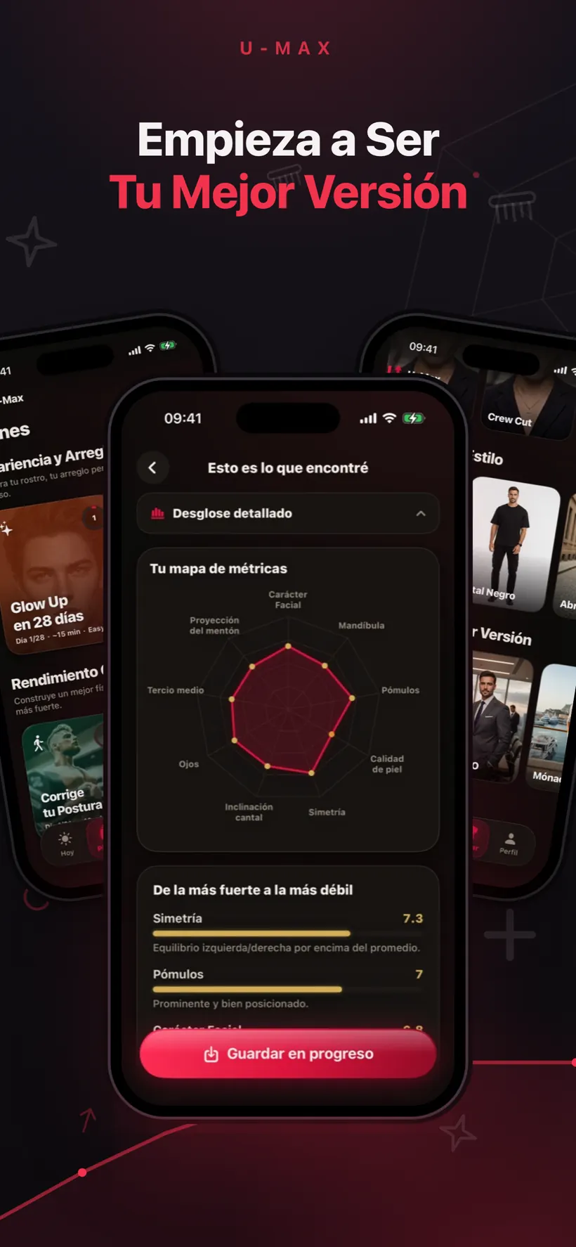 Tres pantallas de Umax AI una al lado de otra: un mapa de métricas faciales, un plan diario y una galería de pruebas de estilo con IA