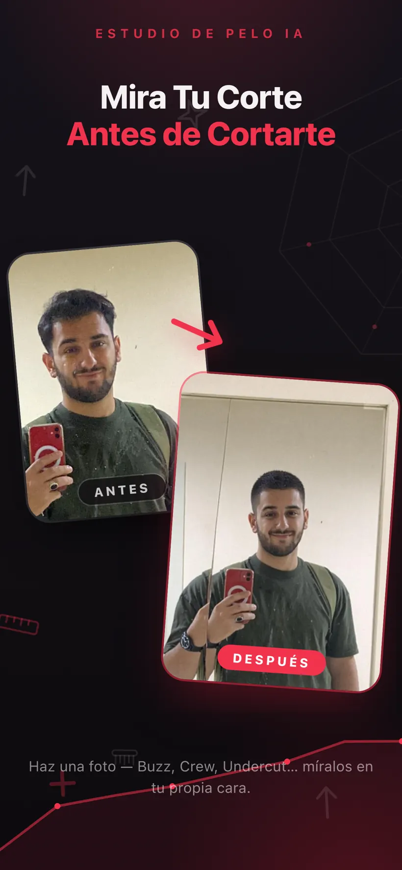 Un par de antes y después en Umax AI con un selfie frente al espejo y la misma persona con un corte de pelo más corto generado por IA