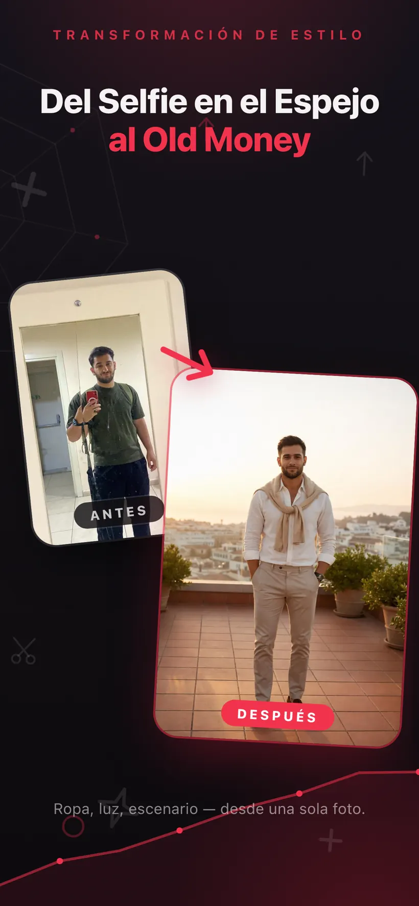 Una transformación de estilo en Umax AI: un selfie sencillo frente al espejo junto a una versión generada por IA con ropa informal elegante en una terraza