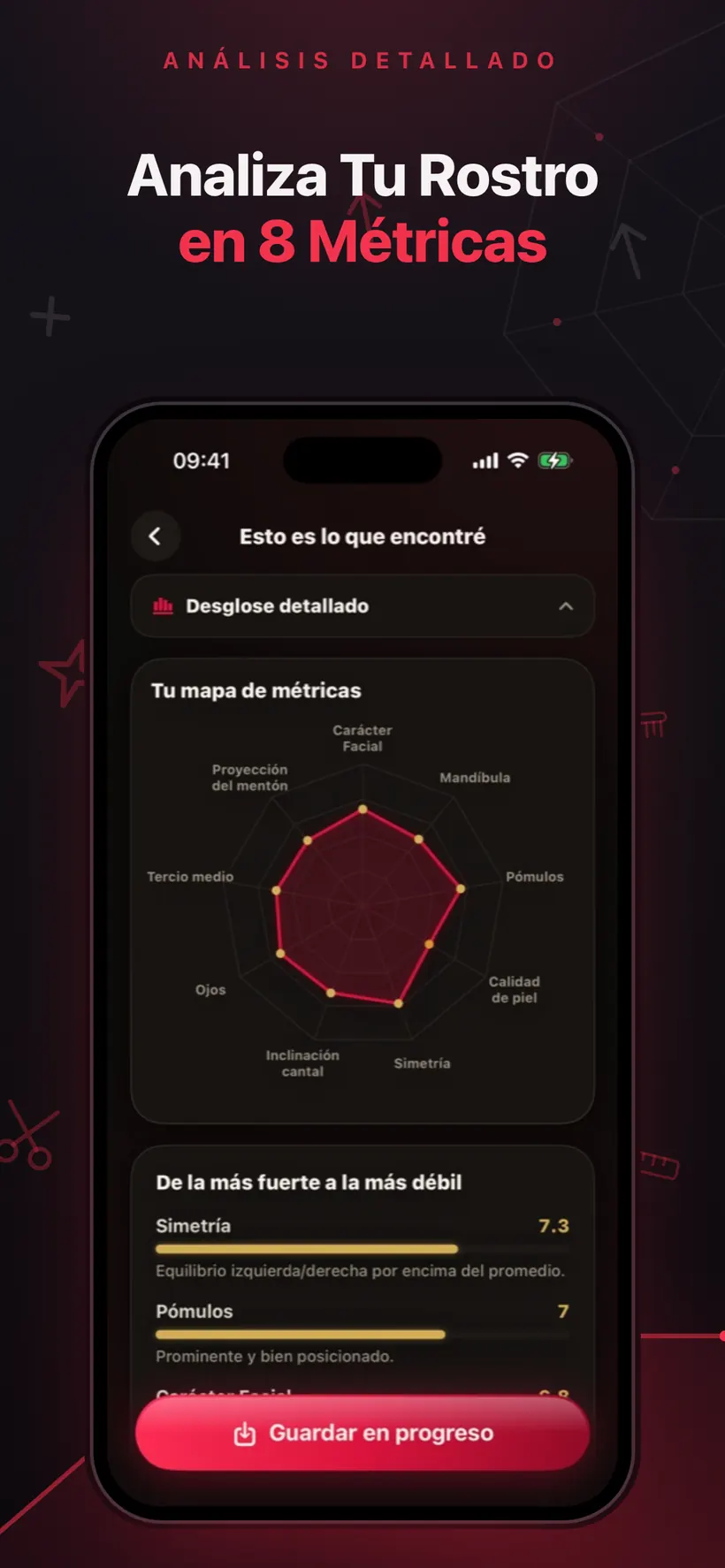 Pantalla de análisis de Umax AI con un gráfico de radar de ocho métricas faciales y una lista ordenada de más fuerte a más débil con explicaciones breves