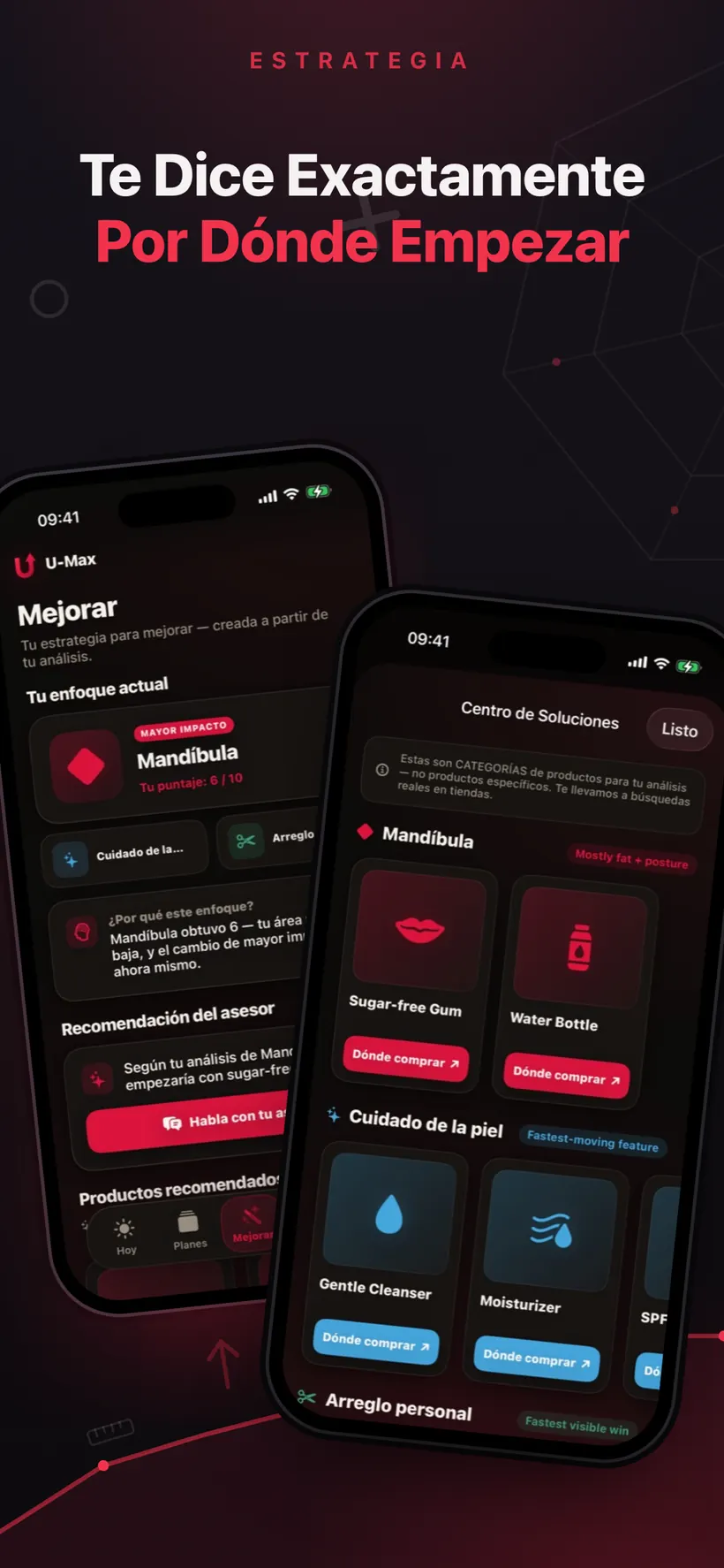 Pantalla Mejorar de Umax AI señalando la línea de la mandíbula como foco actual, junto a un Centro de Soluciones que enumera categorías de producto para la mandíbula, el cuidado de la piel y el aseo