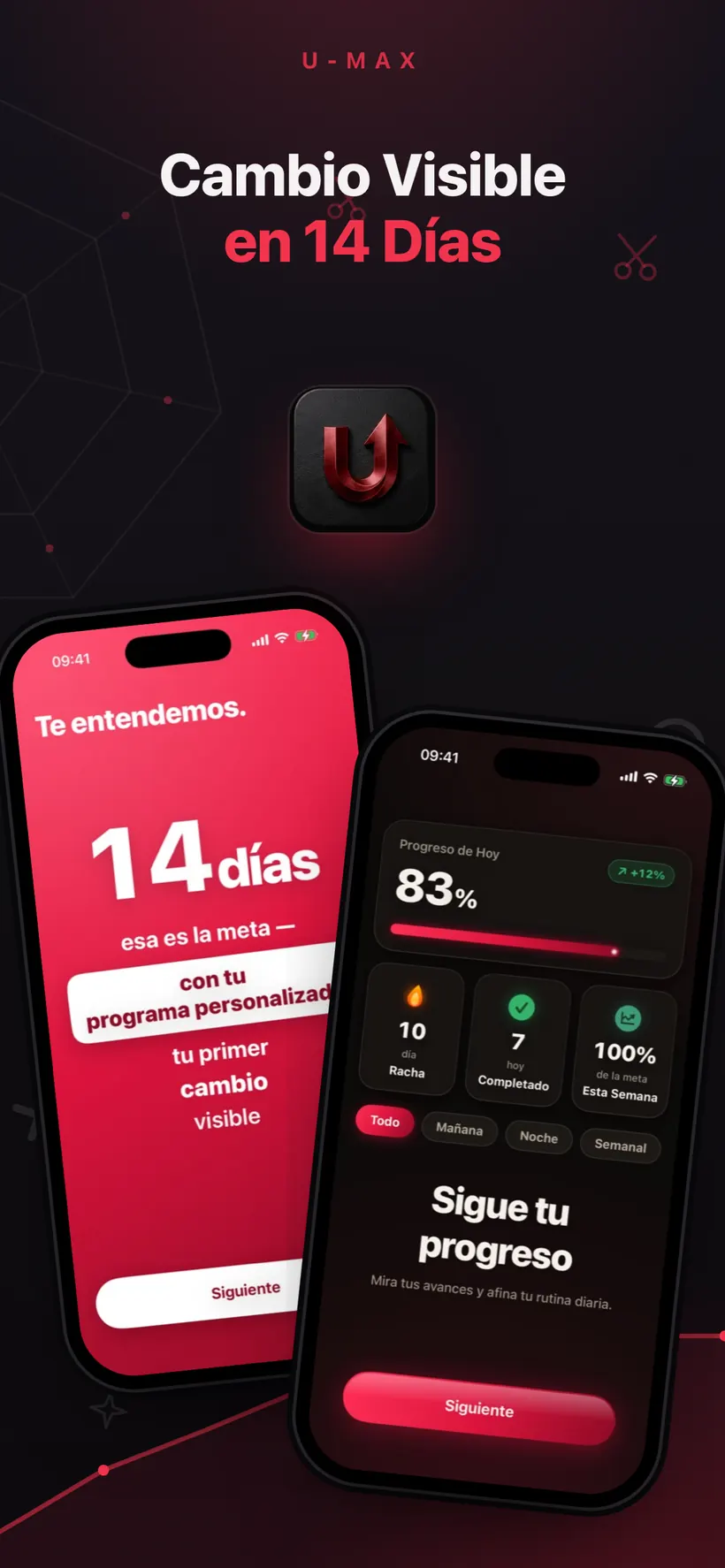 Introducción de Umax AI prometiendo un primer cambio visible en 14 días, junto a una pantalla de progreso con un 83 % completado, una racha de 10 días y estadísticas semanales