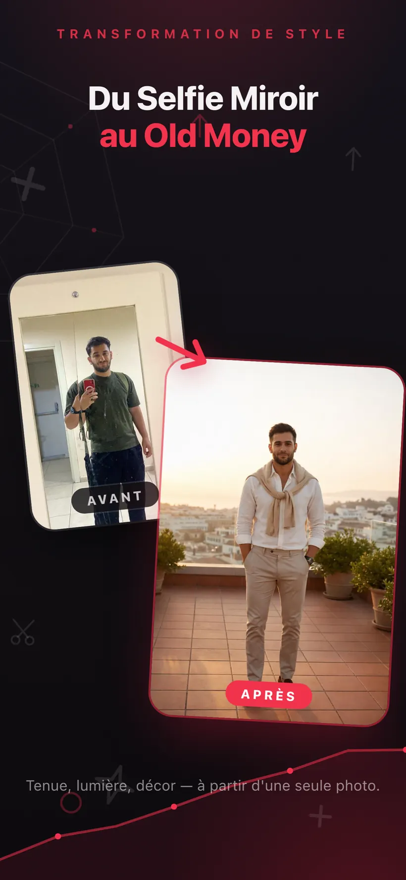 Une transformation de style dans Umax AI : un simple selfie devant un miroir à côté d'une version générée par IA en tenue smart casual sur une terrasse