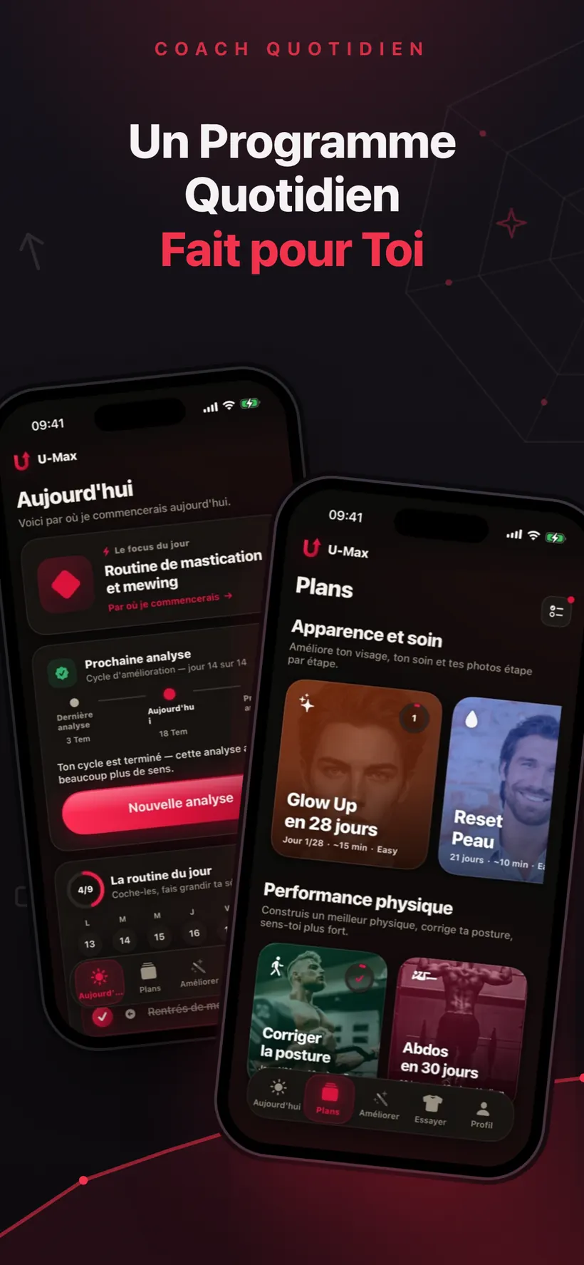 Les écrans Aujourd'hui et Plans d'Umax AI montrant un objectif du jour, une liste de routine à cocher et des cartes de programme comme Glow Up en 28 jours et Skin Reset