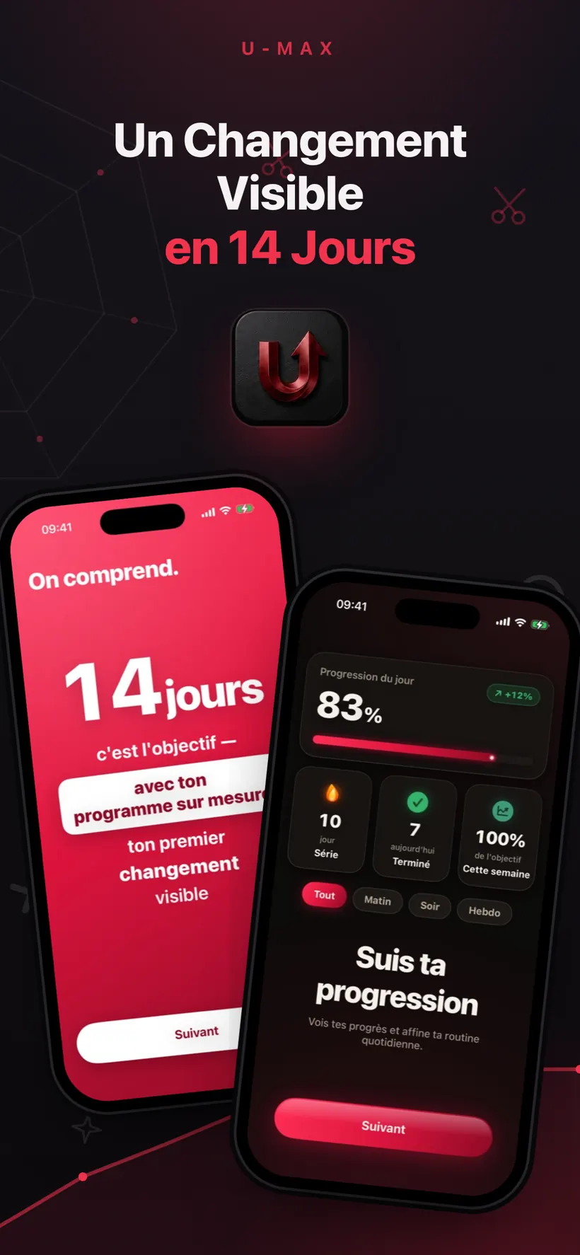 L'introduction d'Umax AI promettant un premier changement visible en 14 jours, à côté d'un écran de progression avec 83 % d'avancement, une série de 10 jours et des statistiques hebdomadaires