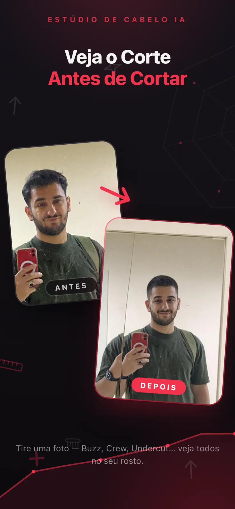 Um par de antes e depois no Umax AI com uma selfie ao espelho e a mesma pessoa com um corte de cabelo mais curto gerado por IA