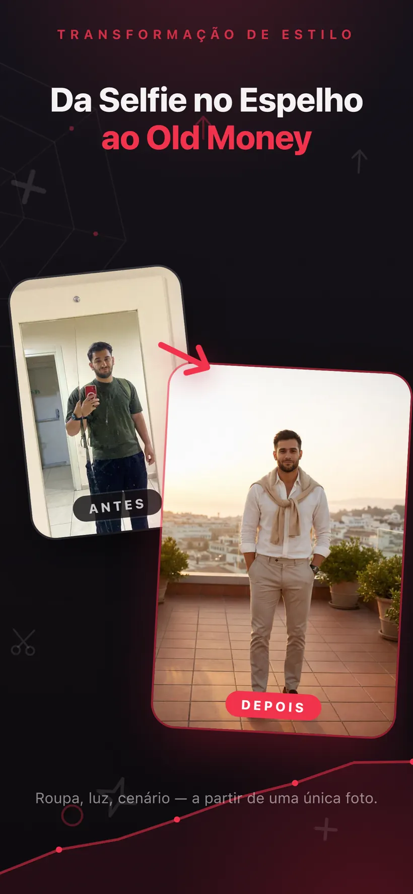 Uma transformação de estilo no Umax AI: uma selfie ao espelho simples ao lado de uma versão gerada por IA com roupa smart casual num terraço
