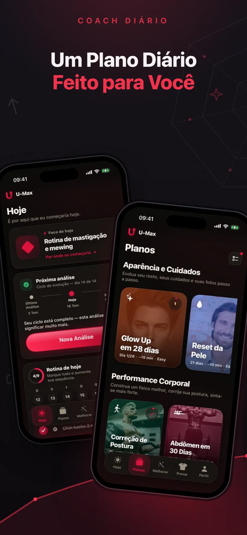 Os ecrãs Hoje e Planos do Umax AI com um foco diário, uma lista de rotina e cartões de programa como Glow Up em 28 dias e Skin Reset