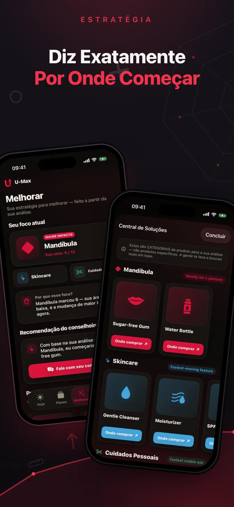 O ecrã Melhorar do Umax AI a indicar a linha do maxilar como foco atual, ao lado de um Centro de Soluções que lista categorias de produtos para maxilar, cuidados de pele e higiene pessoal