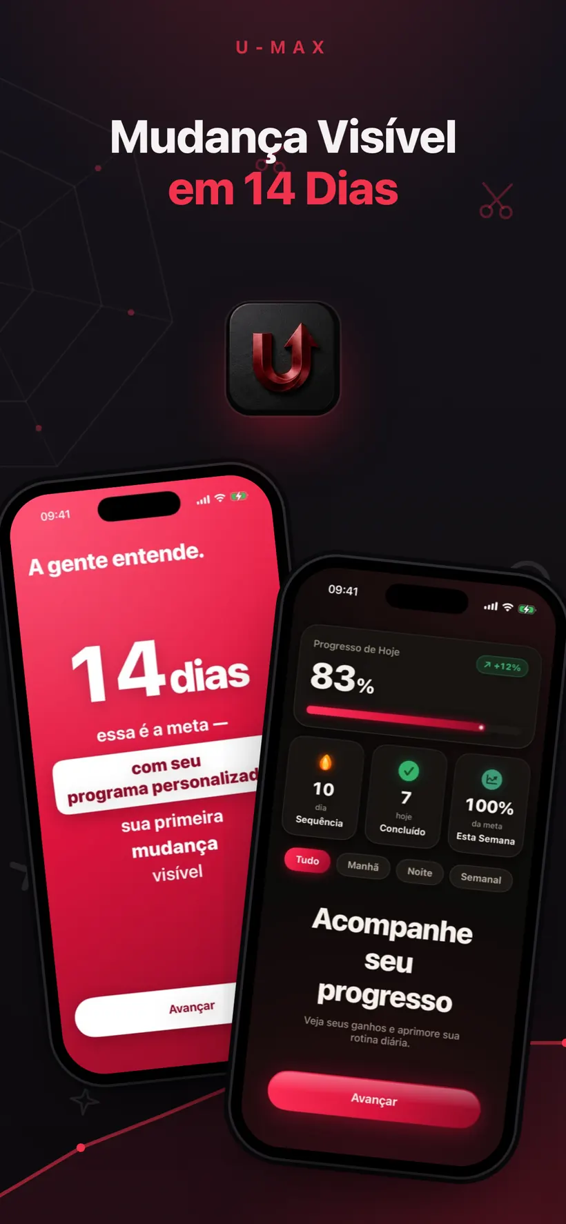A introdução do Umax AI a prometer uma primeira mudança visível em 14 dias, ao lado de um ecrã de progresso com 83% concluídos, uma sequência de 10 dias e estatísticas semanais
