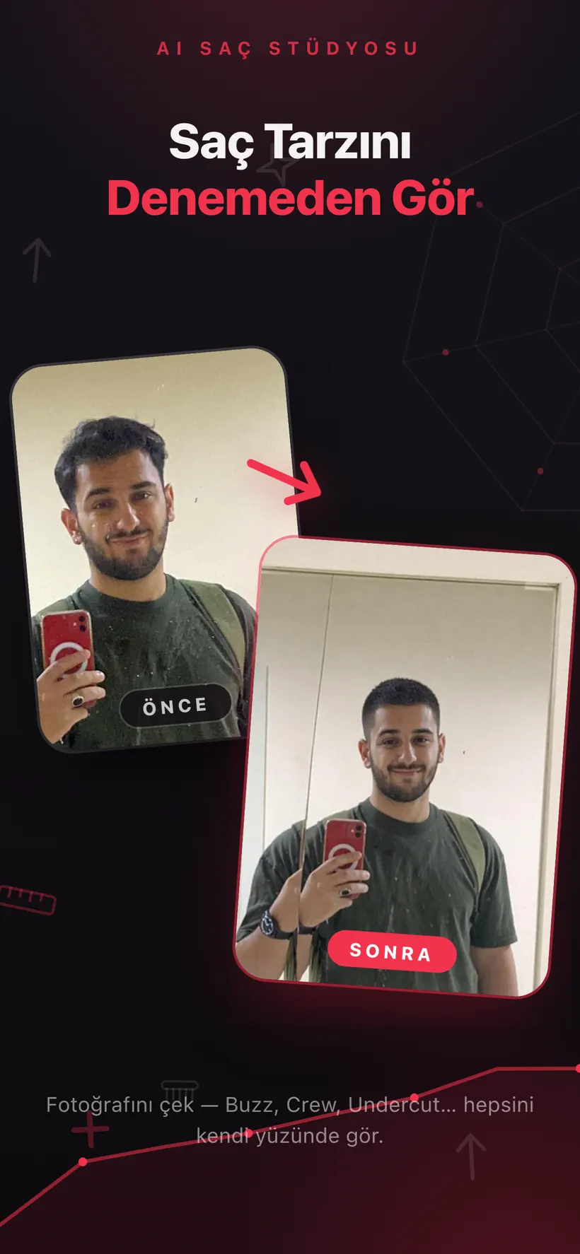 Umax AI'da öncesi ve sonrası ikilisi: ayna selfie'si ve aynı kişinin yapay zekâyla üretilmiş daha kısa saçlı hâli