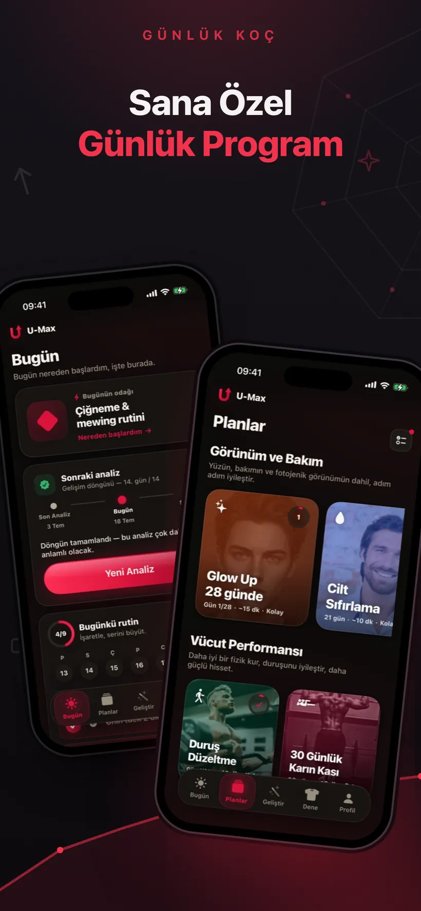 Umax AI'nın Bugün ve Planlar ekranları: günün odağı, rutin kontrol listesi ve 28 günde Glow Up ile Skin Reset gibi program kartları