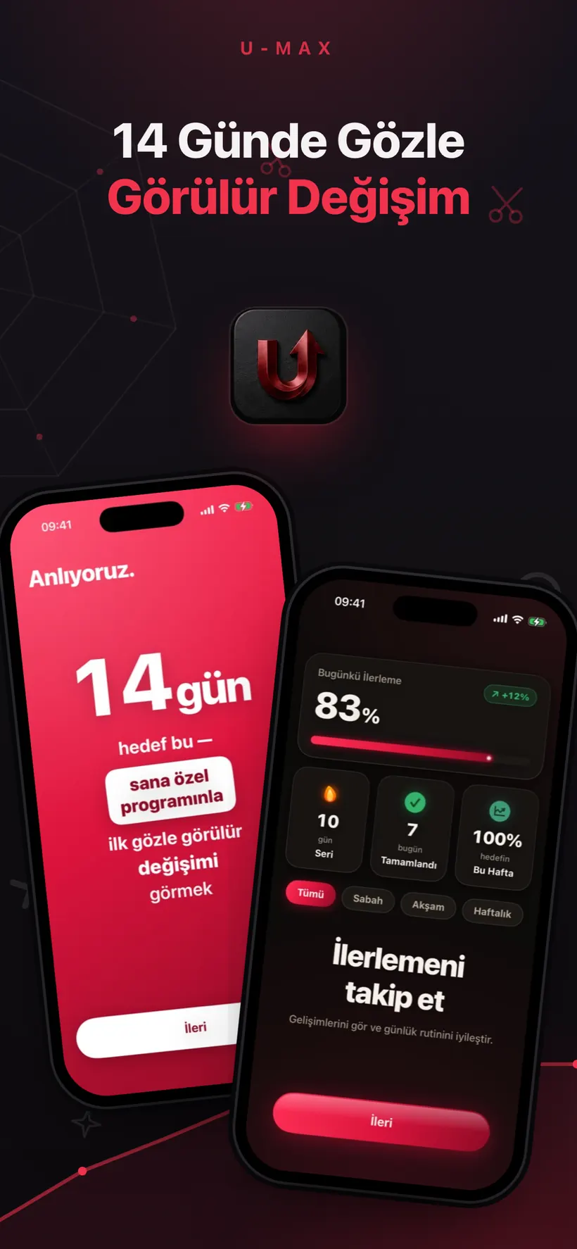 14 günde ilk görünür değişim vaat eden Umax AI tanıtımı; yanında %83 tamamlanma, 10 günlük seri ve haftalık istatistiklerle ilerleme ekranı