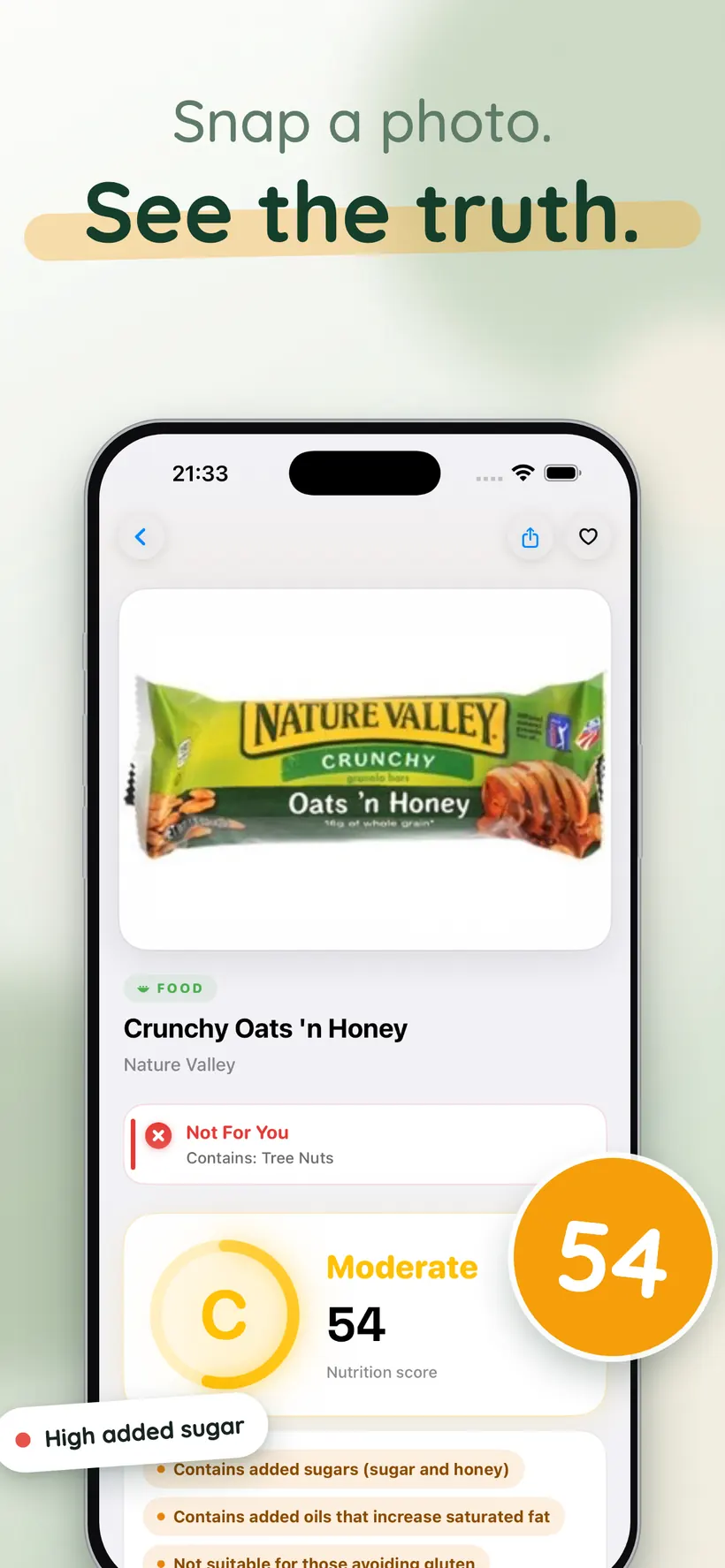 Yukka product page for a granola bar showing a C rating of 54, an allergen warning and ingredient notes