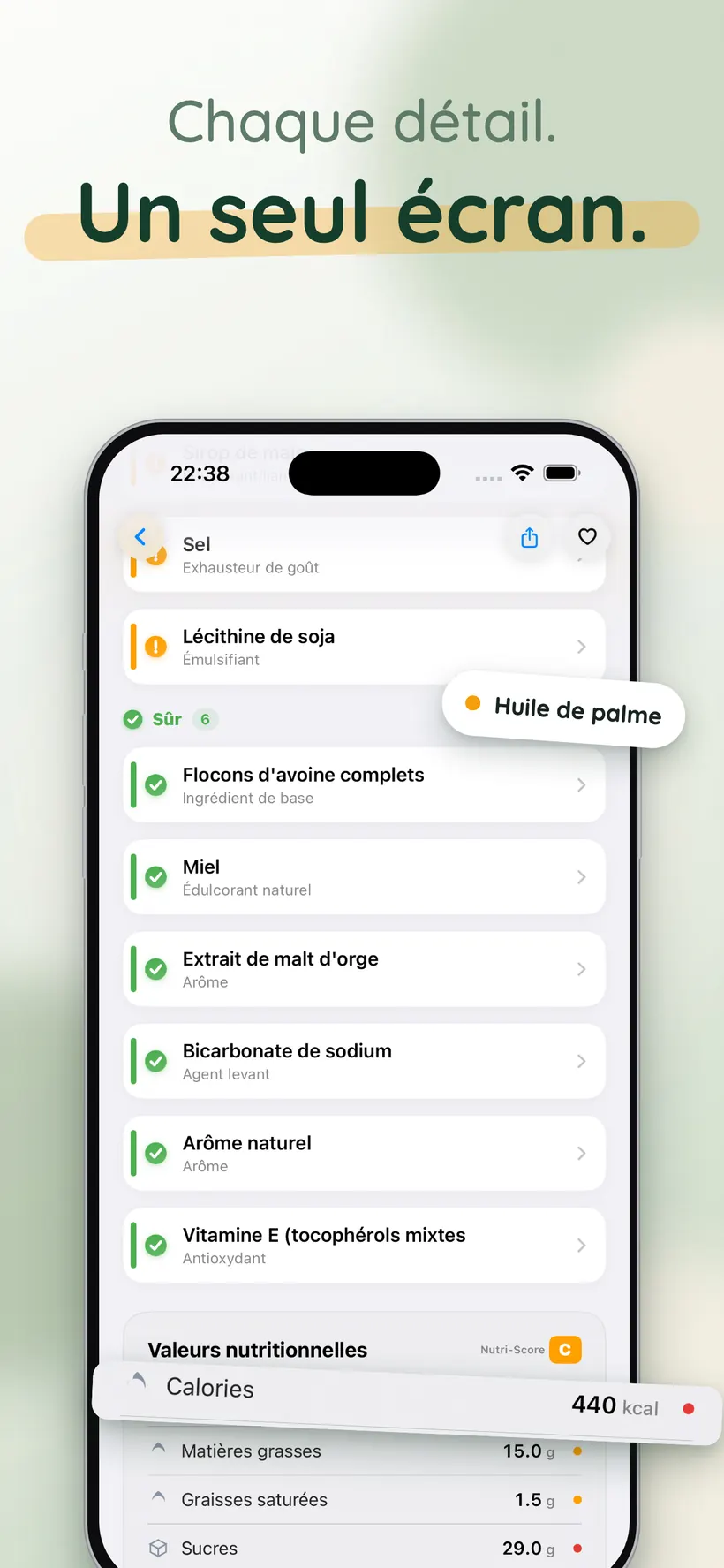 Liste d'ingrédients dans Yukka avec classements de sécurité et table nutritionnelle, la ligne Sucres agrandie