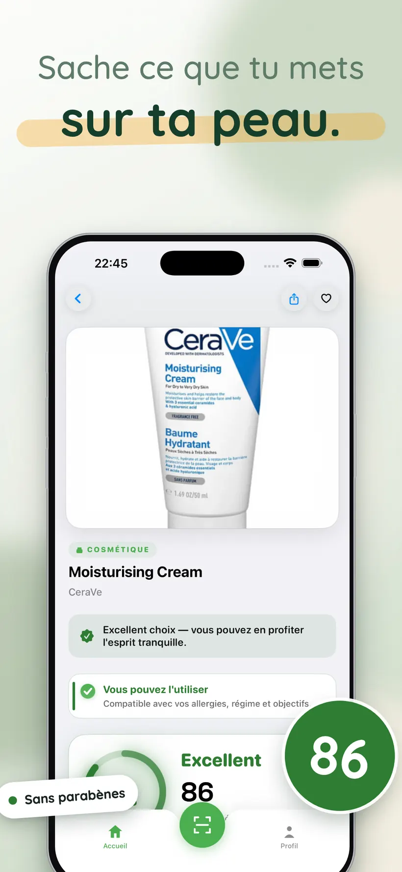 Une crème hydratante dans Yukka avec note A de 86 et confirmation qu'elle convient au profil